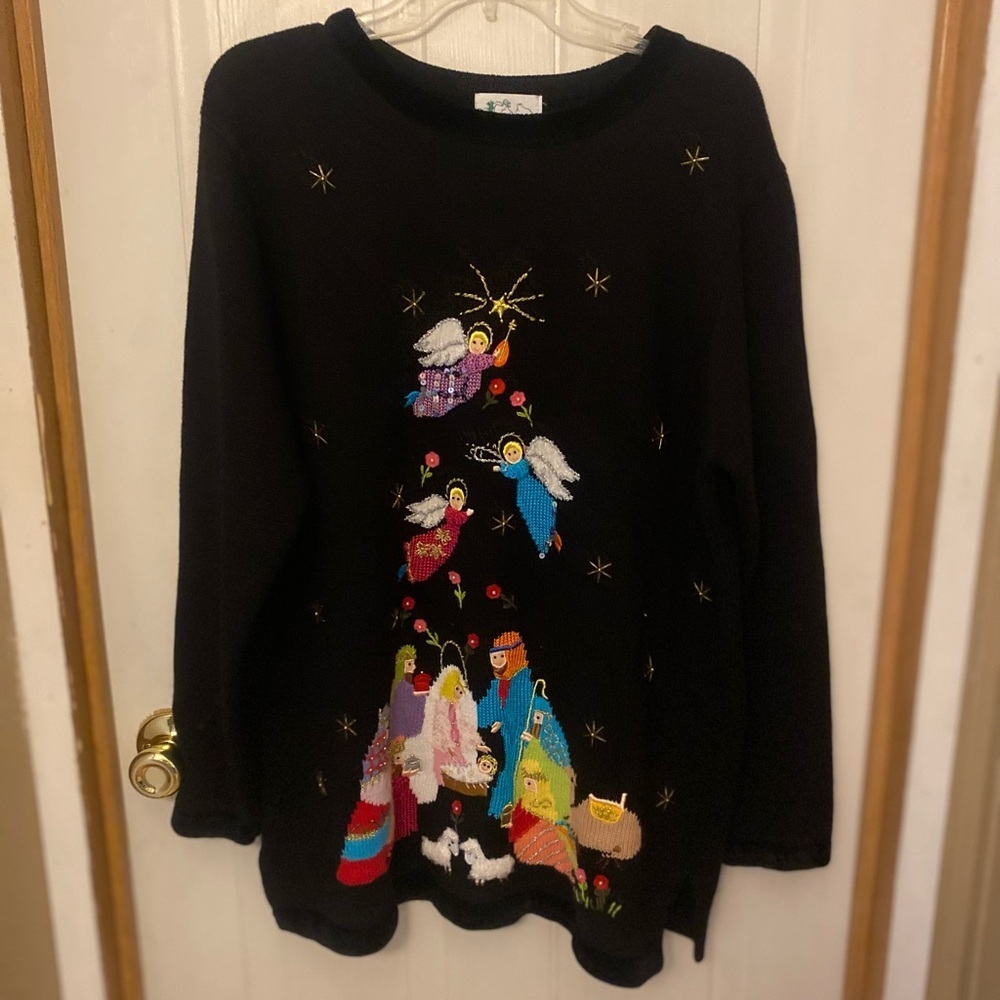 VTG Quaker Factory Embroidered Nativity Crewneck Sweater